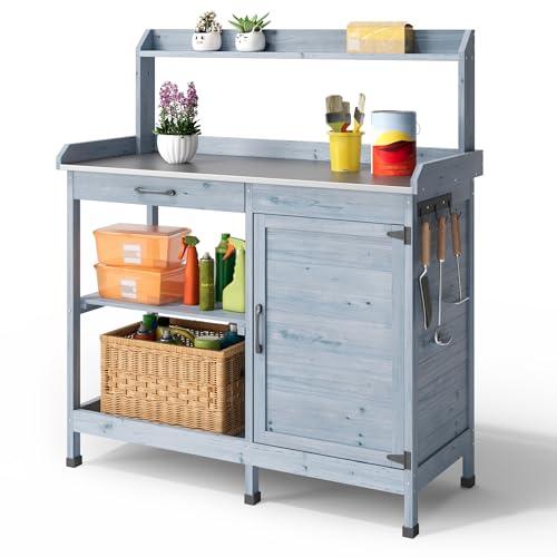 Blishom Tavolo da Giardinaggio,Tavolo per Piante,Tavolo Lavoro da Giardino in Legno Massello con Piano Lavoro, Ripiano Regolabile e Armadietto, Balcone, Terrazzo 112x46x125 cm Natural