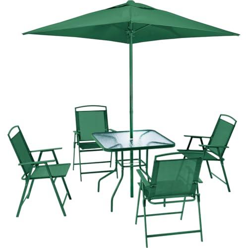Shally Dogan Set 6 Pezzi da Pranzo per Giardino con Ombrellone, 4 Sedie Pieghevoli e 1 Tavolo con Ripiano in Vetro Temperato, Resistente Raggi UV, Arredamento Esterno, Patio, Terrazzo