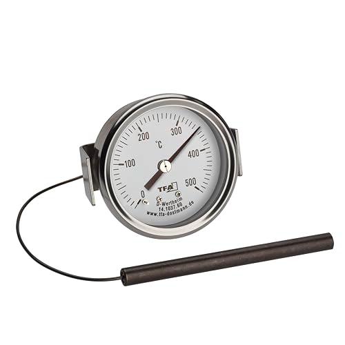 TFA Dostmann termometro da forno, analogico, per pizza, acciaio inox, 0°C - 500°C, per BBQ, barbecue, pirometro, forno a legna, forno a pietra, da fissare o avvitare, 14.1037.60