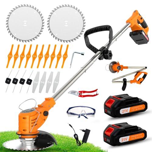 OUTIGO Tosaerba a batteria, Dotato di due batterie da 21 V, 4 lame, tosaerba triplo pieghevole, tosaerba da giardino a batteria per prati, arbusti e cespugli.