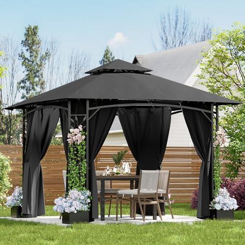 Devoko Gazebo Esterno Resistente 3.3x3.3 m con 4 Vasi per Fiori - Gazebo da Giardino in a Doppio Tetto Aerato, Struttura Fogliata, Tende Rimuovibili, Protezione UV & Impermeabile per Esterno
