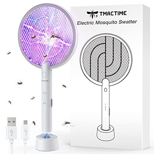 TMACTIME Racchetta Zanzare Elettrica, 4000V 2-In-1 Racchetta Antizanzare, USB Base di Ricaricabile, e Lampada UV, Protezione Maglia a 3 Strati, Adatto per Casa, Giardino, Interni ed Esterni