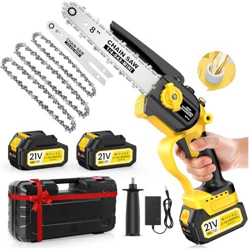 Motosega a Batteria, Motosega Elettrica 8000mAh,1000W 8 & 6 Pollici Sega Motosega Elettrica per Potatura con Pompetta Olio e Catena di Ricambio, Motosega da Potatura per il Taglio del Legno Giardini