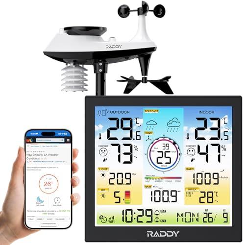 Raddy WF-120C Wi-Fi Stazione meteorologica professionale, Wireless monitor di temperatura e umidità per int.& esterni con sensore esterno 7 in 1, Pluviometro, Velocità del vento, Indice UV