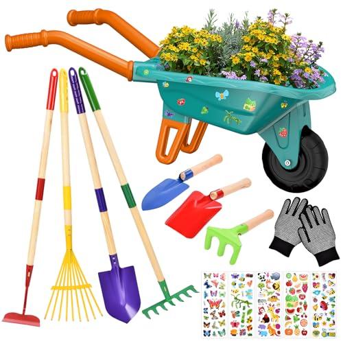 JONRRYIN Carriola per Bambini, Set Giardinaggio Bambini con Guanti, Vanga e Rastrello, Carriola da Giardino per Esterni, Giochi Educativi Bambini
